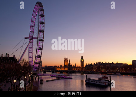 Millennium Wheel, River Thames Big Ben and the houses of parliament at night from the south bank, London, England, Europe Stock Photo