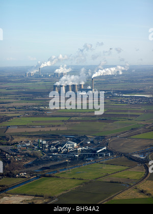 Eggborough and Drax Coal fired Power Stations, with Kellingley  Colliery in the foreground, East Yorkshire, Northern England Stock Photo