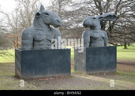 Minotaur and Lady Hare wire sculptures by Sophie Ryder. Stock Photo