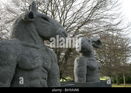 Minotaur and Lady hare wire sculptures by Sophie Ryder. Stock Photo