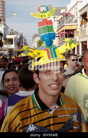 Fan wearing a Makoya the South African soccer fan helmet FIFA World Cup 2010 Cape Town South Africa Stock Photo