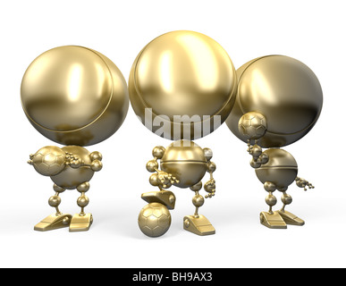 Proud winners of football match posing. 3d cartoon styled image isolated on white. Gold robotic football players Stock Photo