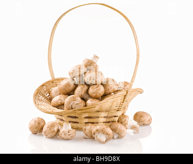Raw mushrooms in a basket on white background Stock Photo