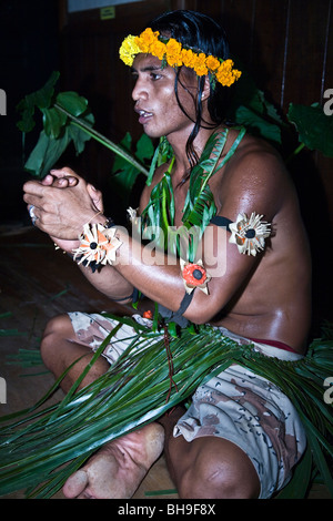 A member of a Gilbertese dance group performing Tamure dance at the PT-109 Bar and Restaurant Gizo Solomon Islands Stock Photo