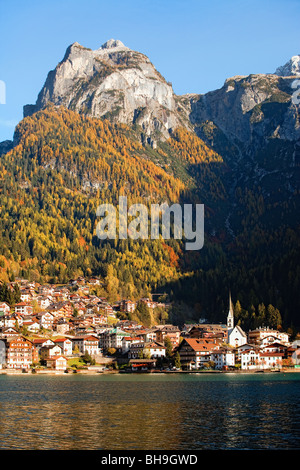 Alleghe village on the omonimous lake beneath Civetta mountain Stock Photo