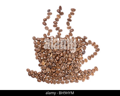 Coffee beans arranged into a shape of cup full of freshly brewed coffee isolated on white Stock Photo