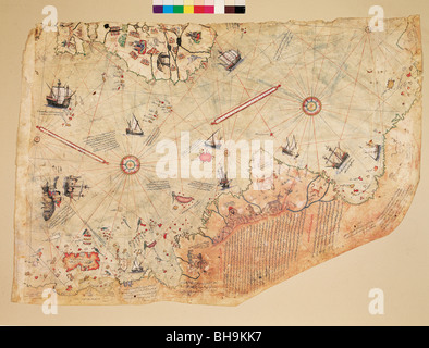 Famous world map of Turkish Sailor Piri Reis dated 1513, Topkapi Palace Museum, Istanbul Turkey. Stock Photo