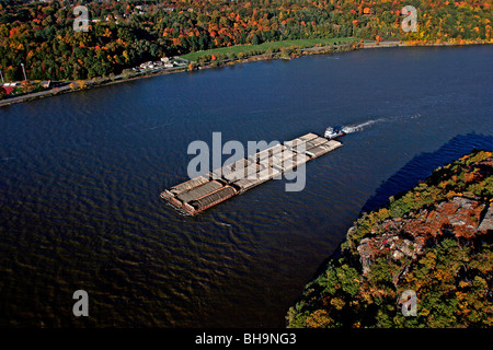 Tug boat with barges on Hudson River New York Stock Photo