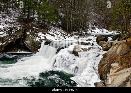 Snow and Ice on Baby Falls in Bald River Gorge Wilderness in Cherokee National Forest in Monroe County, Tennessee Stock Photo