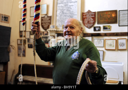 99 year old bellringer Frank Brooks at St Mary's Church in the West Sussex village of Washington UK Stock Photo