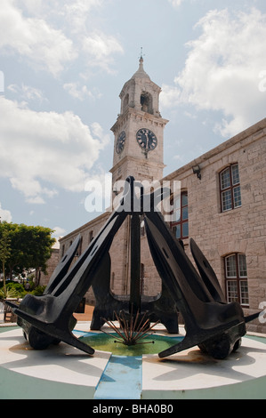 The Clock Tower and Anchor Fountain at the Royal Naval Dockyard at the West End, Bermuda. Stock Photo