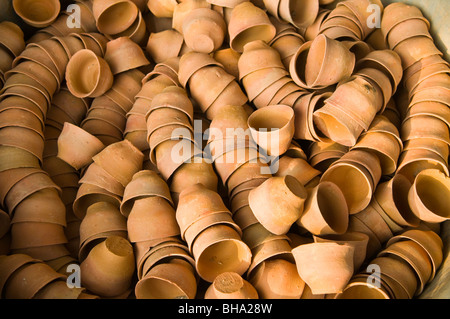 Many many clay tea cups in a local tea shop in Calcutta. Stock Photo