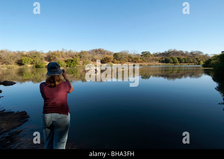 Tourists enjoy the various scenic vistas in Zimbabwe's Umfurudzi Safari Area. Stock Photo