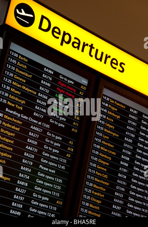 Departure sign for destinations from terminal 5, Heathrow airport, London, England Stock Photo