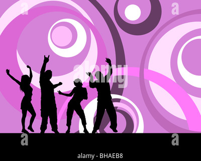 Silhouettes of people dancing on a retro styled abstract background Stock Photo
