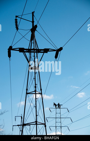 Men working on power lines. Stock Photo