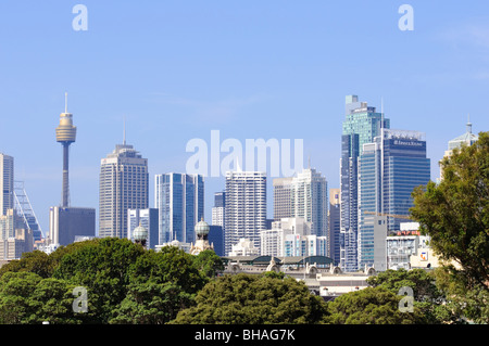 Famous city skyline, with modern skyscrapers, under a blue summer sky. Stock Photo