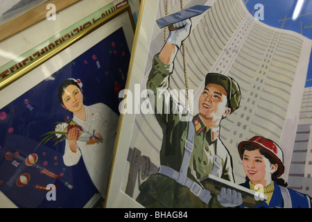 Rainbow Trading Company ( a North Korean speciality bookstore) shows the North Korean posters they have for sale. Tokyo, Japan. Stock Photo