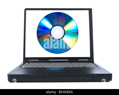 Laptop showing a digital disc on its screen. Isolated on white. Stock Photo