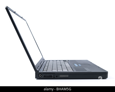 Side view of a black laptop computer isolated on white. Stock Photo