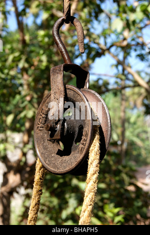 Rope and Pulley mechanism for dragging water from Well Stock Photo