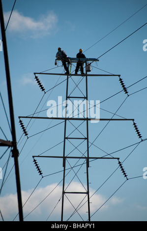 Men working on power lines. Stock Photo