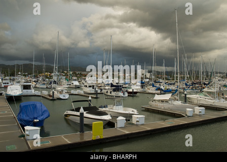 Motor boats and sailboats in Marina La Cruz, Mexico Stock Photo