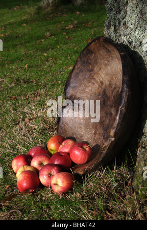 red apples hand carved and burned fruit bowl made in Zimbabwe Stock Photo