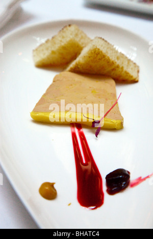 Duck Armagnac foie gras terrine cooked “sous-vide” at Le Saint Amour in Old Quebec City, Canada Stock Photo