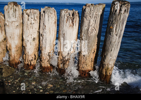Waves breaking on old wooden groynes on the Puget Sound near Point Hudson Marina Washington USA Stock Photo