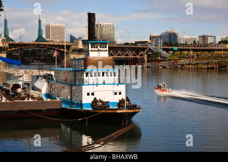 View of Willamette River and sternwheeler tugboat Portland, Oregon, USA Stock Photo