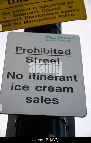 Prohibited street no itinerant ice cream sales sign Greenwich London England UK Europe Stock Photo