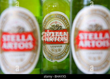 Belgian Stella Artois beer in bottles. Stock Photo