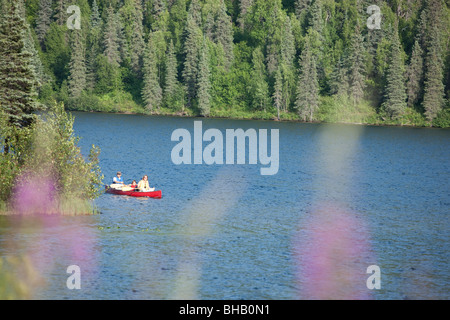 Family paddling a canoe together on Byers Lake, Summer, Denali State Park, Southcentral Alaska, USA. Stock Photo