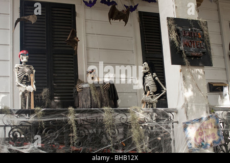 Halloween decorations on porch of house on Magazine Street. Stock Photo