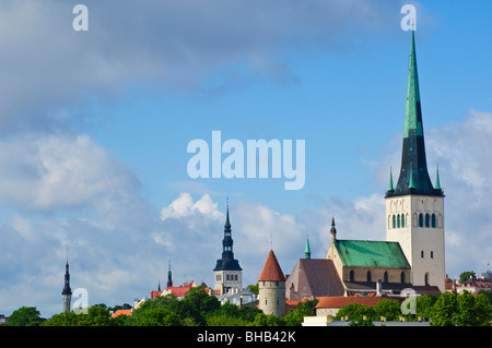 The 124m tall spire of Oleviste kirik(St Olav’s church) dominates the Old Town skyline in Tallinn, Estonia. Stock Photo