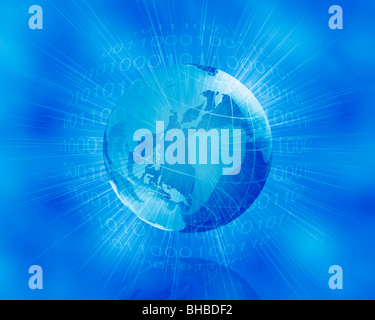 Globe and binary codes against blue background (digitally generated) Stock Photo