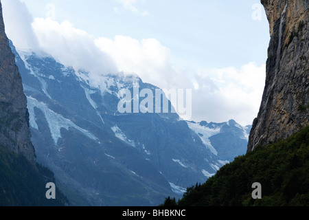 Jungfrau Mountain from Lauterbrunnen, Small Swiss Village in the Bernese Oberland Alps - Switzerland Stock Photo