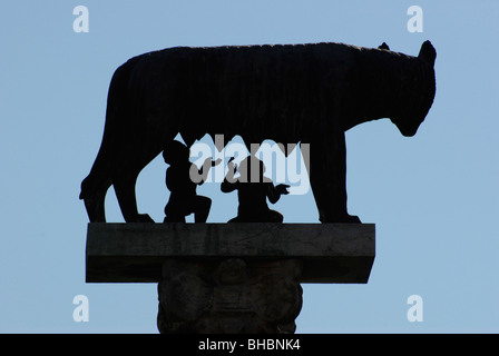 statue of Romulus & Remus suckling on the Wolf in the Plaza of Miracles beside the Leaning Tower of Pisa. Stock Photo