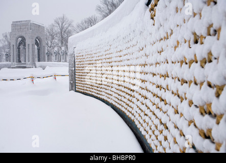 Snow scenes of the National Mall. World War Two Memorial.  Stock Photo