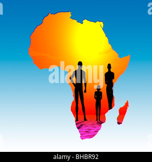 African Family Silhouetted on a Parched map of Africa Stock Photo