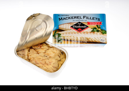 Open tin of mackerel fillets in safflower oil with packaging on white background. Stock Photo
