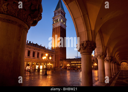 Piazza San Marco's Campanile viewed through the arches of the Doge's Palace, Venice Veneto Italy Stock Photo