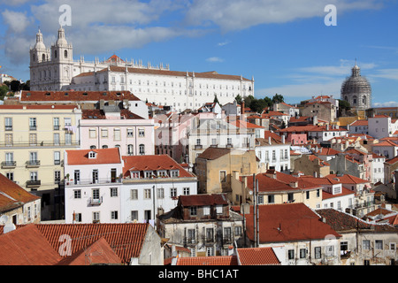 Overview above the Alfama quarter and the Sao Vicente da Fora church from the viewpoint called Miradouros Stock Photo