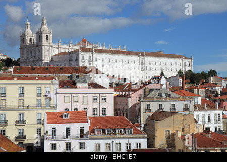 Overview above the Alfama quarter and the Sao Vicente da Fora church from the viewpoint called Miradouros Stock Photo