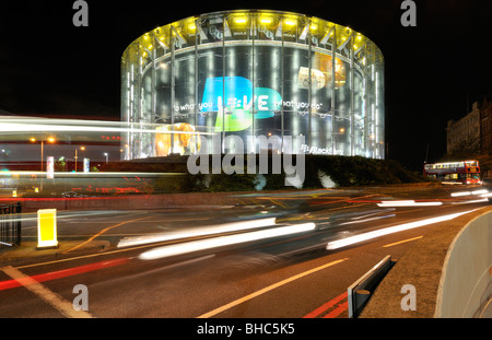 Light trails around the BFI IMAX cinema, Waterloo, London SE1, United Kingdom Stock Photo