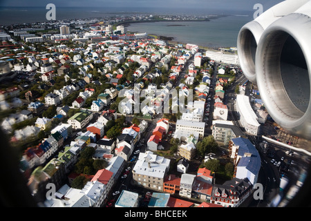The view of Reykjavik, airplane approaching Reykjavik airport, Iceland. Stock Photo