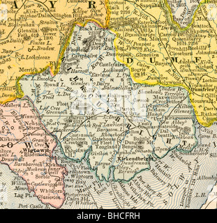 Original old map of Kirkcudbright county (Scotland) from 1884 geography textbook Stock Photo