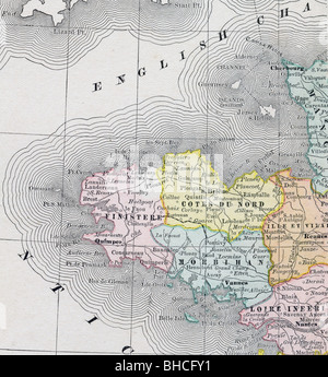 Original old map of Brittany (France) from 1884 geography textbook Stock Photo