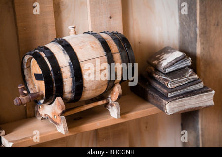 Old whiskey barrel and old books. Iceland Stock Photo